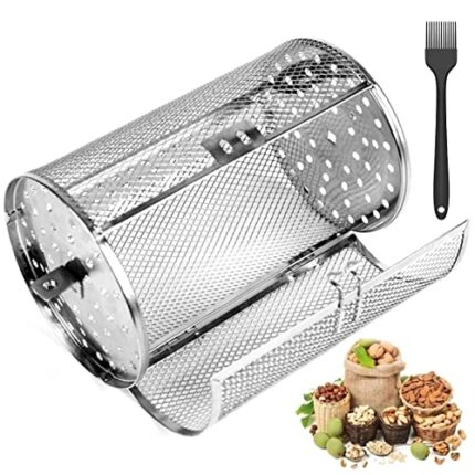 Rotisserie Basket with Oil Brush Stainless Steel Grill Roaster Drum Oven Round Rack Cage Heat Resistant 360° Rotating Air Fryer Basket Accessory