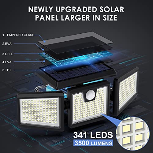 Feob Solar Lights Outdoor, 341 LED 3500LM Super Bright Solar Security Lights, PIR Motion Sensor Lights, 3 Heads Solar Flood Lights, 270° Wide Ang