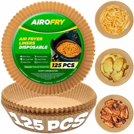 AIROFRY Air Fryer Liners Disposable | 125-PCS Air Fryer Paper Liners | 6.3-inch Round Disposable Air Fryer Liners | Grease-Proof, Non-Sticky Line