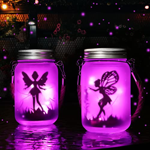 Mostof 2 Pack Fairy Solar Lantern Outdoor, Garden Ornaments IP44 Waterproof Hanging Frosted Glass Solar Mason Jar Lights for Table, Yard, Garden,