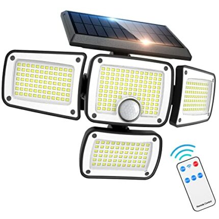 CLAONER Solar Lights Outdoor, 346 LED 3000LM Solar Security Lights Motion Sensor with Remote Control, 4-Head High Brightness IP65 Waterproof Floo