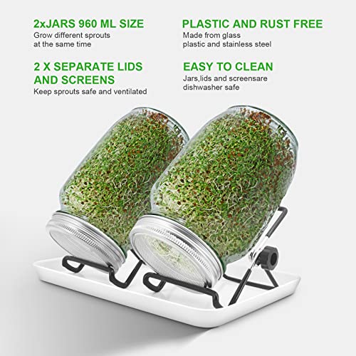 MoYouno Sprouting Jar Kit, 2Pcs Seed Sprouter Kit, Indoor Seed Sprouter,Sprout Growing Kit-with Tray,Stand, Sprout Lids,Wide Mouth Quart Mason Ja