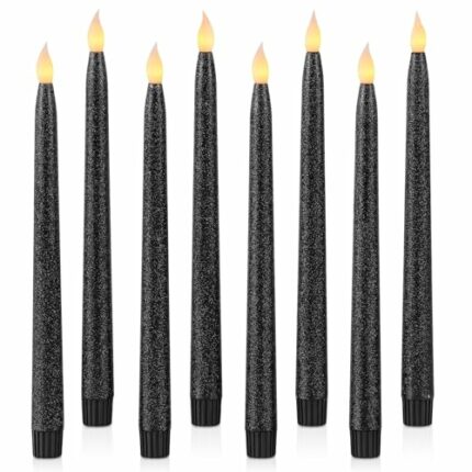 Rhytsing 28cm Black Glitter Flameless Taper Candles with Timer Function, Battery Operated Candles for Halloween - Set of 8
