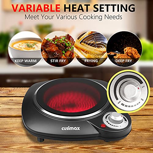 Cusimax CMIP-B112 Portable Hot Plate, Hot Plates for Cooking, Single Ceramic Hob, Black Stainless Steel, 1200W Electric Single Burner, Infrared C