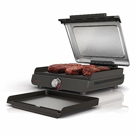 Ninja GR101 Sizzle Smokeless Indoor Grill & Griddle, 14'' Interchangeable Nonstick Grill and Griddle Plates, Dishwasher-Safe Removable Mesh Lid,