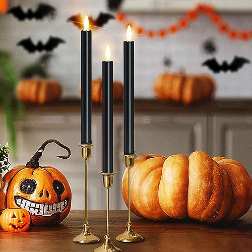 Flameless Black Taper Candles with 6H Timer,Flickering Battery Operated Window Candles,10 Inch Long 3D Flame Plastic Candles for candlesticks, Le