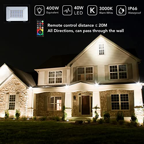 LED Flood Lights Outdoor 40W - RGB Flood Lights 400W Equivalent, 4400 LM Flood Lights 3000K Warm White- 256 Colors-Timer-Remote- 5 Modes,IP66 Wat