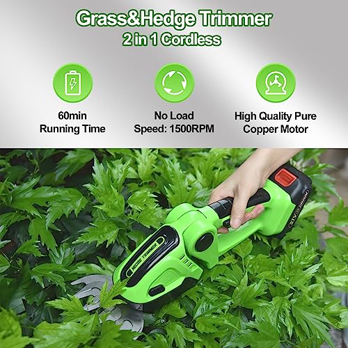 Hedge Trimmer Cordless, Garden Grass Shears Battery Hedge Shears for Lawn Edge 2 in 1 Small Weed Trimmer with 2 Pack Li-Ion Battery and Charger f