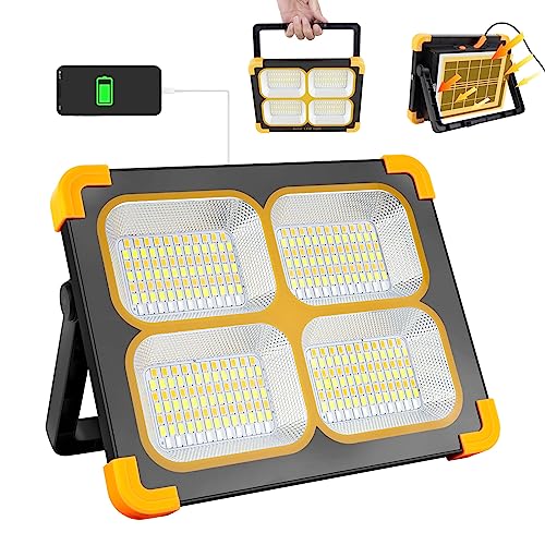 ErayLife 100W Rechargeable Work Light, FloodLights with 348Leds/ USB Port/Solar Panel/ 4 Lighting Modes, Portable Work Lights for Camping Emergen