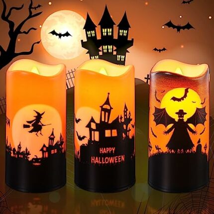 Herefun Halloween Flameless Candles, 3 Pcs Halloween Candles Pumpkin Decals, LED Candles Castle Decals with 6 Hour Timer, Electric Flickering Pil