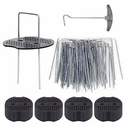 XCDMJ Garden Pegs Stakes Staples Securing Lawn U Shaped Nail Pins Ideal 50 Weed Control Membrane Pegs + 50 Buffer Washer,Heavy Duty Garden Pegs M