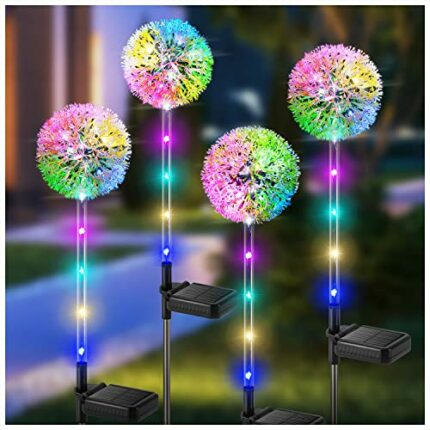 BUCASA Solar Lights Outdoor Garden, 4 Pack Dandelion with 16 Colourful LEDs, Waterproof Solar Flower Lights for Lawn Yard Garden Ornaments Outdoo