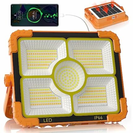 RISEMART Rechargeable Work Light, 466 LED Camping Light 100W Portable Floodlight with Solar Panel, 5 Modes IP66 Waterproof Outdoor Working Light