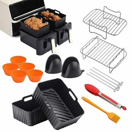 Air Fryer Accessories, Set of 8 for Ninja Dual AF300UK AF400UK & Tower T17088, Reusable Silicone Air Fryer Liners,Air Fryer Rack with Skewers,Sil