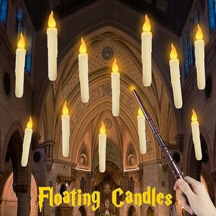 Johiux 12 PCS Floating Candles Harry Potter with Wand, Magic Hanging Candles LED Flameless Flickering Candle Battery Operated Harry Potter Hallow
