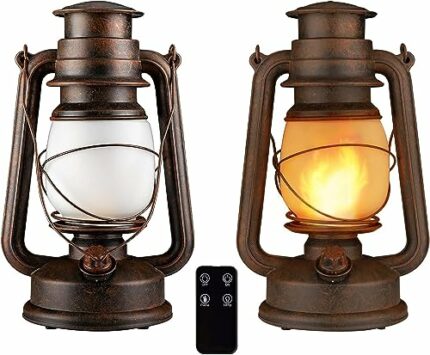 LED Vintage Lantern Battery Operated Flickering Flame Outdoor Hanging Lantern with Remote and Two Modes for Camping and Home Decor, 2 Pack