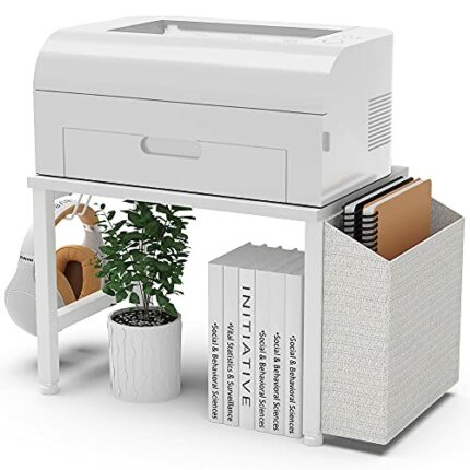 VEDECASA White Wooden Under Desk Printer Stand Holder with Storage Bin Headphone Hook for Home Office, Multi Purpose Organizer Modern Desktop Pri