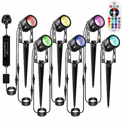 GreenClick Garden Lights Spotlights Mains Powered 12V RGBW LED Garden Lights Waterproof 16 Colours Changing Outdoor Lights with Timer Spike Light