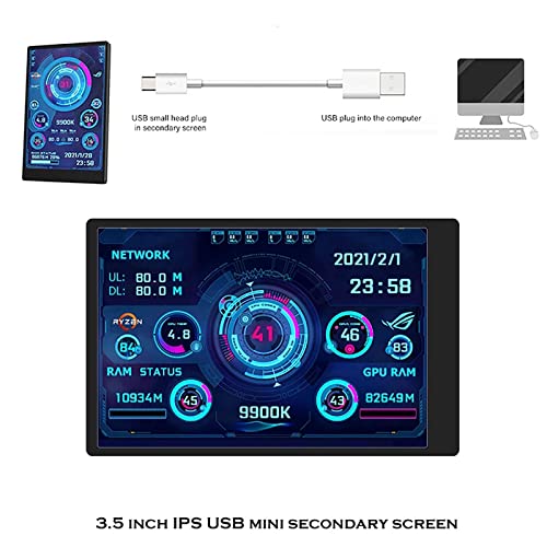 PC CPU GPU RAM Data Monitor, Computer Temp Monitor PC Sensor Panel Display, 3.5 inch IPS USB Mini Screen & Usb Type C Charge, Computer Case Secon
