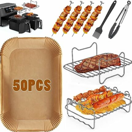 Air Fryer Accessories, Set of 6 for Ninja Dual AF300UK AF400UK Including Air Fryer Liners & Dual Air Fryer Racks with 4 Skewers & Pastry Brushe &