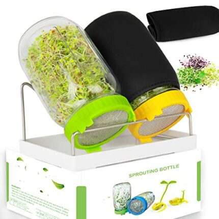 Seed Sprouting Jar Kit, 2 Mason Jars with Screen Sprout Lids, 2 Blackout Sleeves, Drain Tray, Stainless Steel Stand, Sprouts Growing Kit