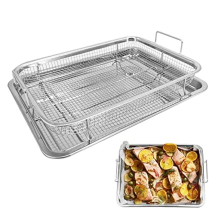 Air Fryer Rack Crisper Tray and Basket, Stainless Steel Oven Air Fryer Pan Mesh Basket with Elevated Mesh Crisping Grill, Oven Safe Baking, Check