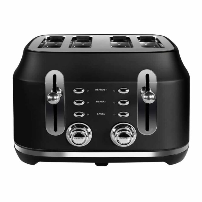 Rangemaster RMCL4S201BK Classic Black 2.1kW 4 Slice Toaster with Defrost, Cancel & Reheat Functions, Removable Crumb Tray & 6 Power Levels with 3