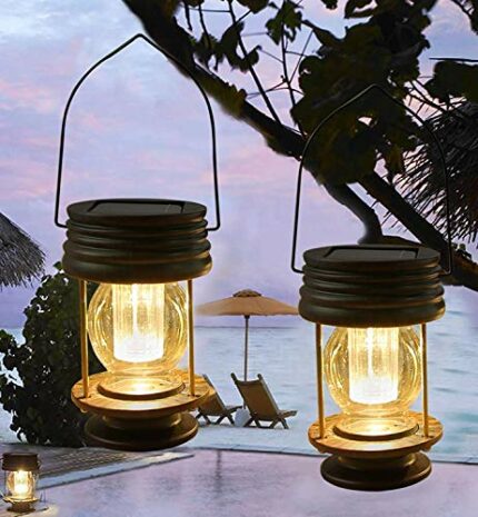 Solar Hanging Lanterns 2 Pack Outdoor Garden Table Lamp Led Vintage Hanging Solar Lights with Handle for Pathway Yard Patio Decor Tree Beach Pavi