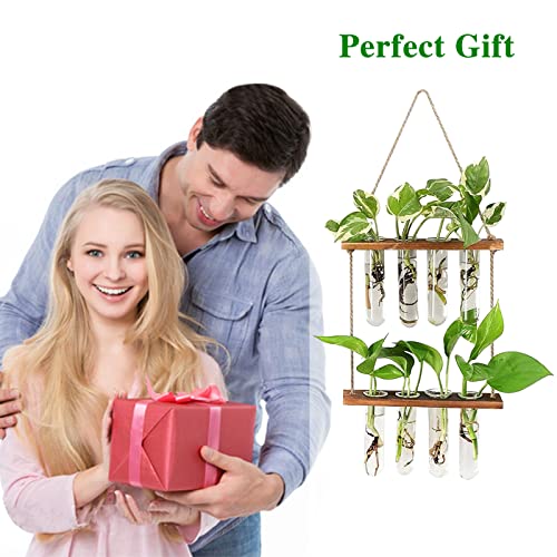 Plant Propagation Station, Qupzze Wall Hanging 2 Tiered Test Tubes Propagation Station with Wooden Stand, Propagation Planters Glass Tube for Hyd