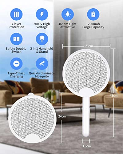 Gdsode Foldable Electric Fly Swatter, 2 In 1 USB Rechargeable Electric Fly Zapper, Rotatable Electric Fly Killer with Trapping Lights, Fly Swatte