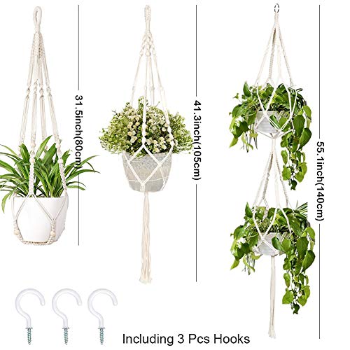 Fayavoo Macrame Plant Hangers Indoor, 3 Pack Wall Hanging Planter Basket Cotton Rope Flower Pot Macrame Hanging Plant Holders with 3 Hanging Hook