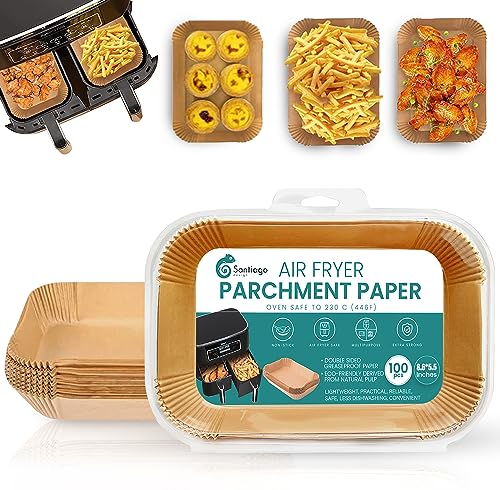 Santiago Design® | 100pcs Air Fryer Liners for Ninja Dual Air Fryer | Premium Disposable Air Fryer Parchment Paper Liners, Oil-Proof, Compatible
