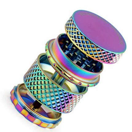 Golden Bell Grinder 2.2 inch Thread-Less Spice Grinder 4 Piece Zinc Alloy Grinder - Rainbow Color (Mesh Net Pattern)