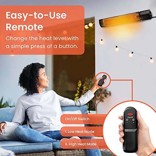 Pro Breeze Halogen Infrared Patio Heater - Wall Mounted Electric Heater With Remote Control for Garden/Outdoor - 2 Heat Settings (1KW &/2KW) - Fi