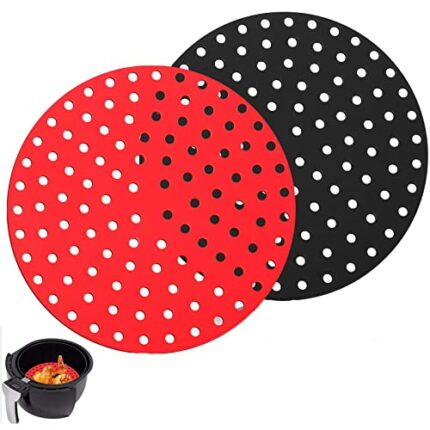 2PCS Non-Stick Air Fryer Liners 8Inch Heat Resistant Round Reusable Silicone Air Fryer Mats for Kitchen Baking Food (Black+Red)
