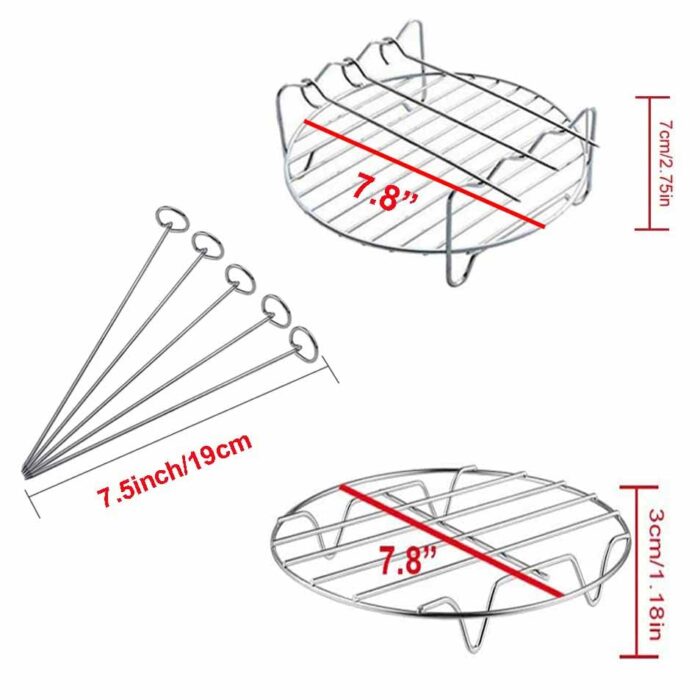 Air Fryer Rack Set Stainless Steel Air Fryer Grilling Rack Accessories with 3 Skewers Multi-purpose Double Layer Rack Airfryer Grill Pan for Barb