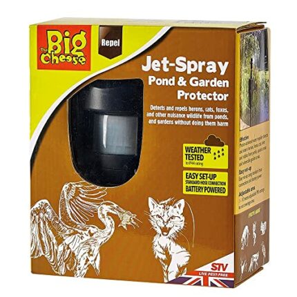 The Big Cheese Jet Spray Pond and Garden Protector PIR Activated Water-Jet Deterrent Protects Fish ponds from Herons and Gardens from Predators.