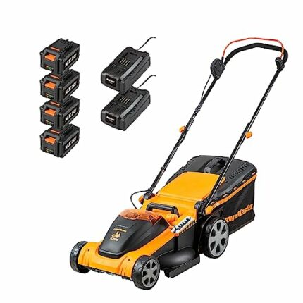 LawnMaster 48V 41cm Cordless Lawnmower with Spare MX 24V 4.0 Ah Batteries and 2x Fast Chargers - with Edging Comb, Rear Roller and Mulching Funct