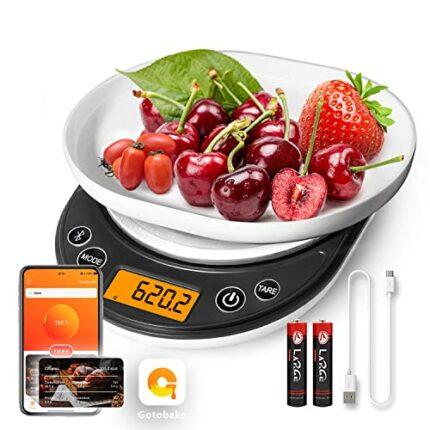 UNIWEIGH Digital Kitchen Scale 6.6lb/3kg, Smart Food Scale with Nutritional Calculator APP and USB Charging Cable, Recharge Bluetooth Scale Gram