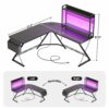 Cyclysio L Shaped Desk with Hutch, Reversible L-Shaped Gaming Desk with LED Lights and Power Outlets, Corner Computer Desk Gaming Desk with Stora