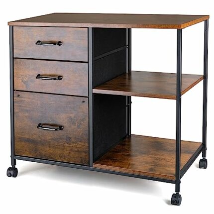 Finnhomy 3-Drawer Mobile File Cabinet for Home Office, Fabric Lateral Filing Cabinet with Wooden Board, Printer Stand with Open Storage Shelves f