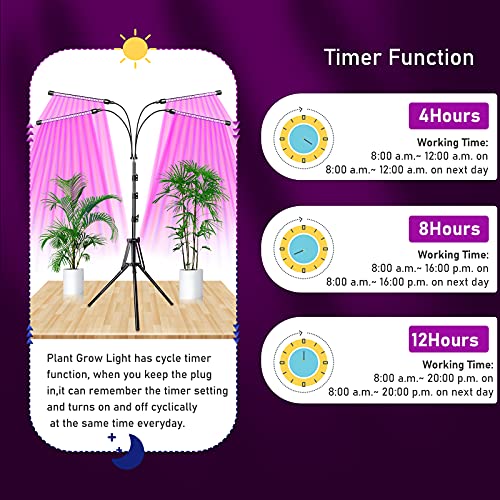 EWEIMA Grow Lights for Indoor Plants, 80 LEDs 4 Heads Full Spectrum Led Grow Light with Stand, Plant Light with 10 Dimming Level & Auto 4/8/12H T