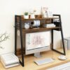 ELITEROO Dorm Desk Hutch, Wood Desk Bookshelf for Computer Desk, 2-Tier Desk Shelf Dorm with Pen Holder and Hooks, Classic Rustic Desk Top Shelf