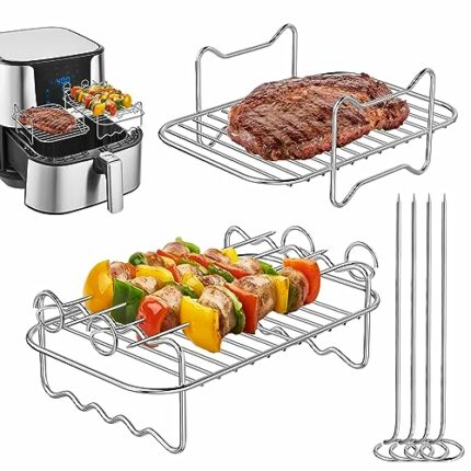 Ainiv 2 PCS Air Fryer Racks Compatible with Ninja Dual AF300UK AF400UK, Layered Dehydrator Rack, Skewer Rack with 4 Skewers, 304 Stainless Steel