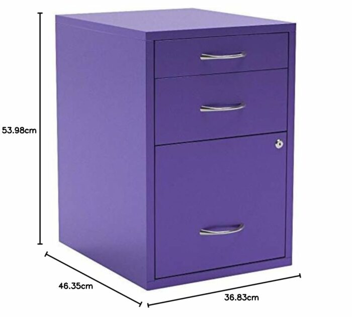 OSP Home Furnishings Heavy Duty 3-Drawer Metal Cabinet for Standard Files and Office Supplies, Carbon Steel Polyethylene, Purple Finish, 22"