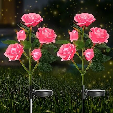 NEWNEN Solar Lights Outdoor Garden, 2 Pack Garden Lights Solar Powered Waterproof with 10 Bigger Pink Rose, Waterproof Garden Flower Lighting Out