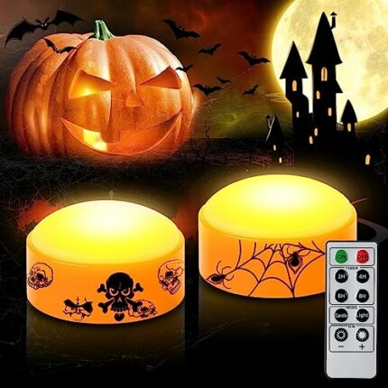 CANDLE IDEA 2 PCS Halloween LED Pumpkin Lights with Timer and Remote, Battery Operated Jack-O-Lantern Orange Light for Halloween Decor, Flameless