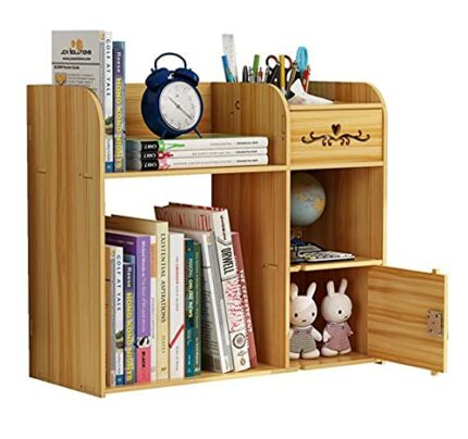 BCLGCF Wooden Desk Organizer ​With Drawer, Cabinet Door with Lock, Tabletop Bookshelf Multipurpose Shelves for Home Decor, Office, Gifts
