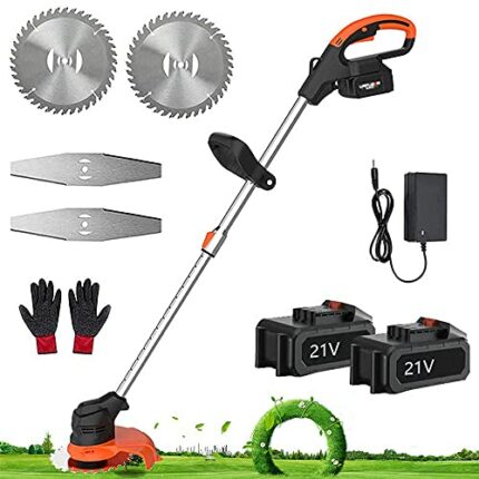 XH&XH Wacker cordless weed tiller with 2 batteries and brushless motor High power and long life Easily converts from lawn mower to lawn trimmer 1
