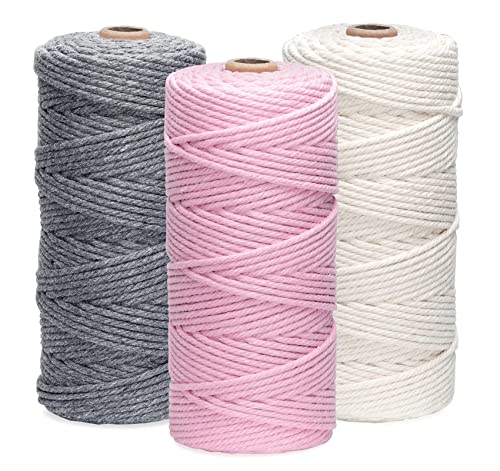 ilauke Macrame Cord 3mm x 100m, 3 Roll Garden Twine, Garden String Twine for Crafts, Natural Cotton Rope for Wall Hanging, Plant Hangers, 4-ply (
